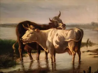 Religie Antiek religieus schilderij en een antiek koeienschilderij Van Os